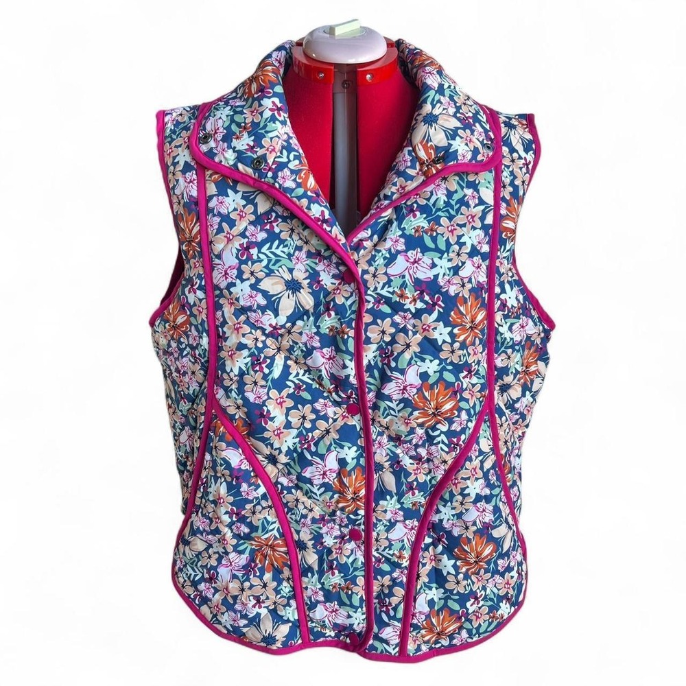 Blue & Pink Floral Winter Lightweight Puffer Vest Snap Closures, Pockets XXL